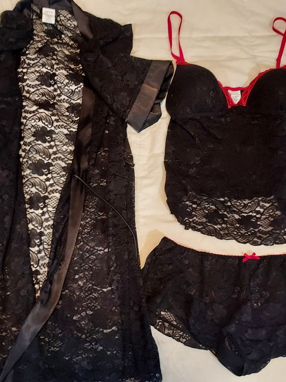Apt. 9 Black Lace Robe and Camisole Set with Red Accents